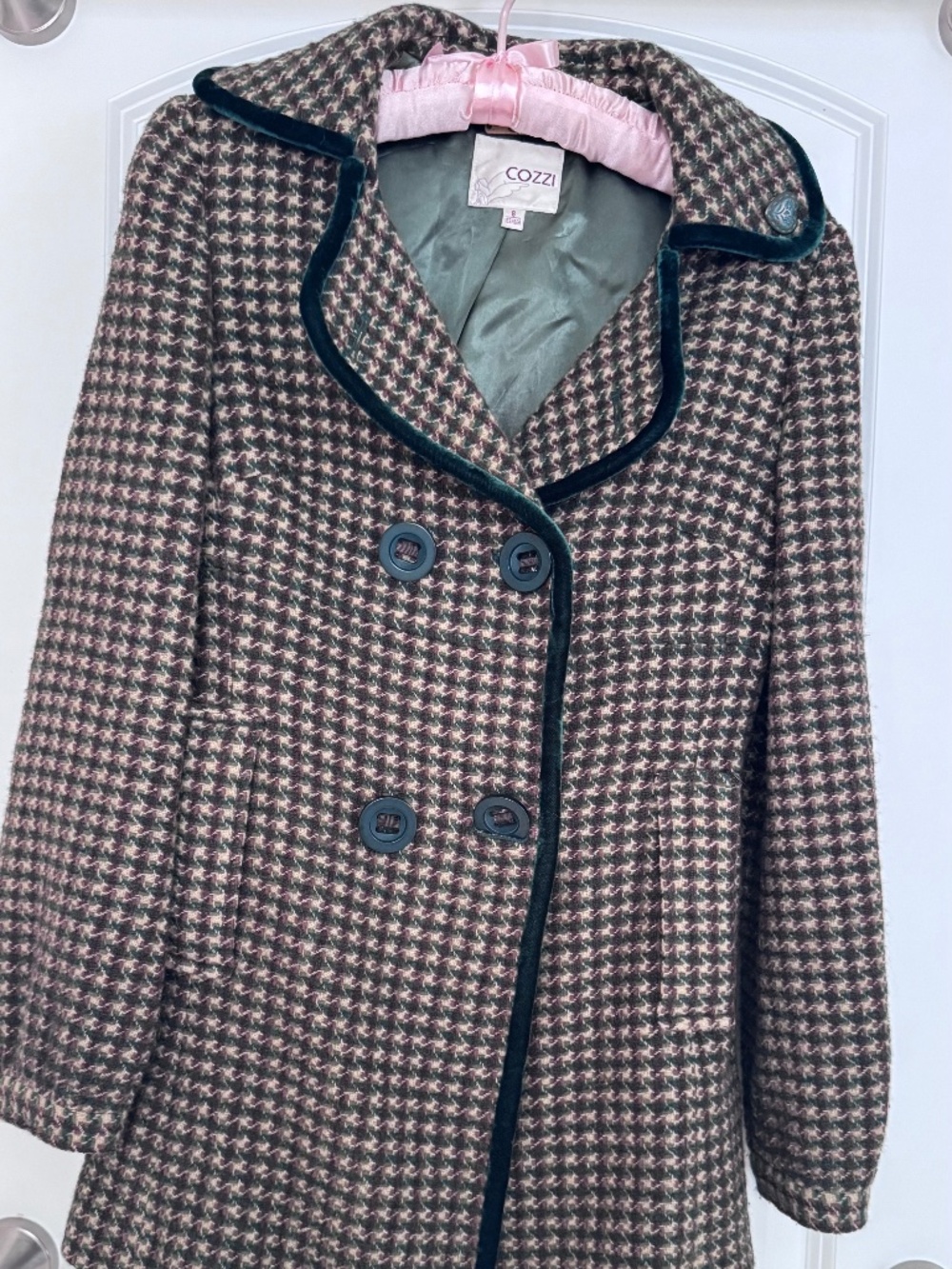 Green plaid coat with velvet trim